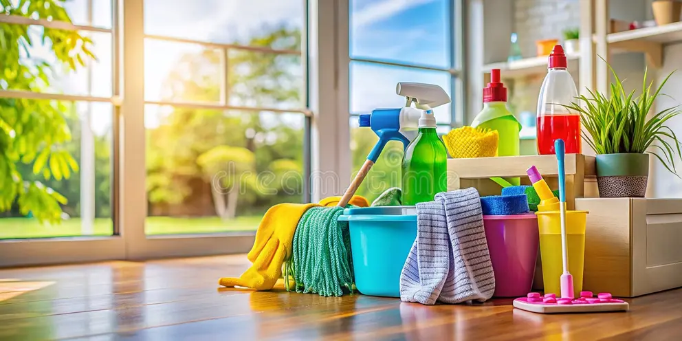 Cleaning supplies in a sunlit kitchen